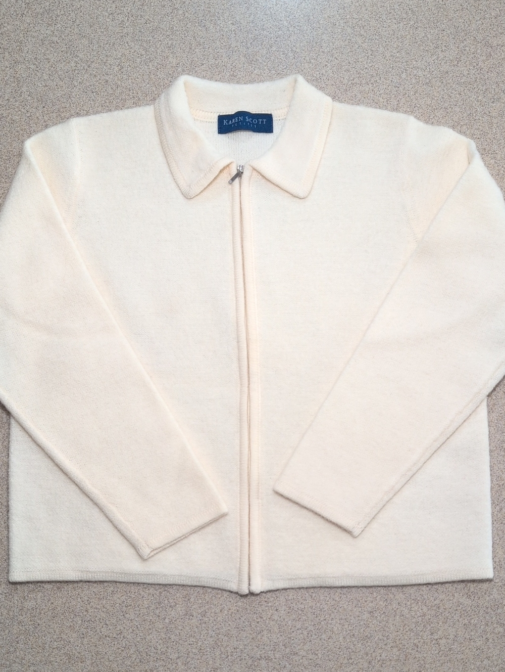 Vintage 90's Karen Scott Wool Cardigan Sweater Zip Front Ivory Cream PL